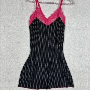 Elegant Black and Pink Lace Polka Dot Slip Dress